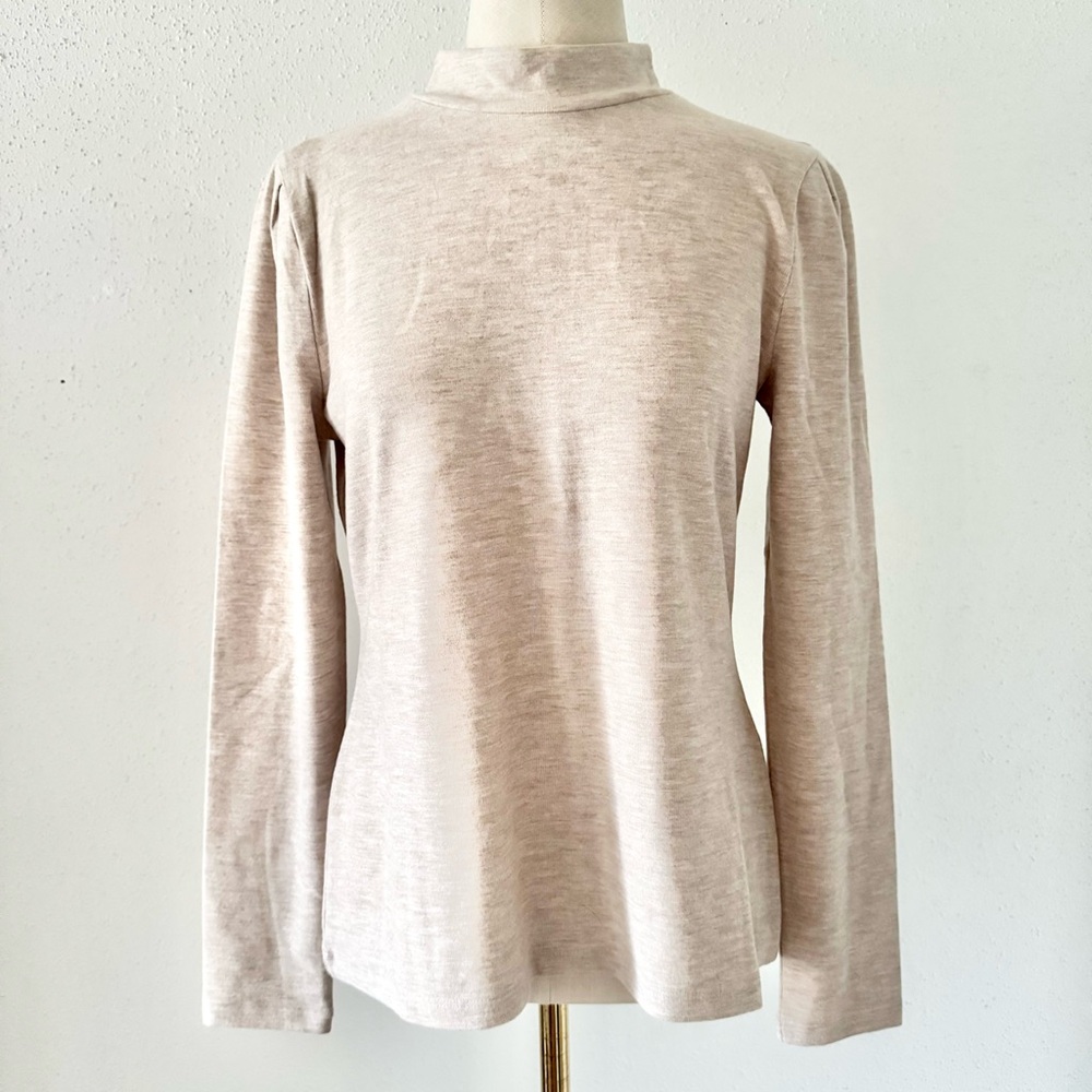New WHBM Puff Long Sleeve Mock Neck Snit Jersey Top Beige Women's Size Medium M - Picture 2 of 6